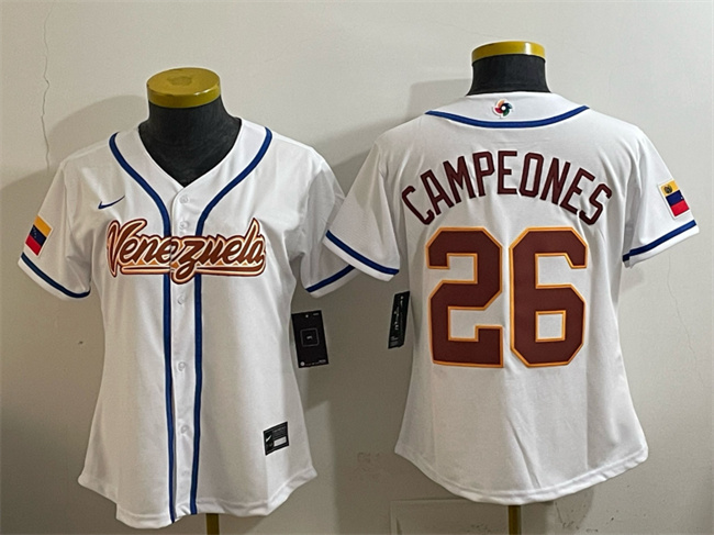 Youth Venezuela Baseball #26 Campeones White 2026 World Baseball Classic Home Stadium Stitched Baseball Jersey